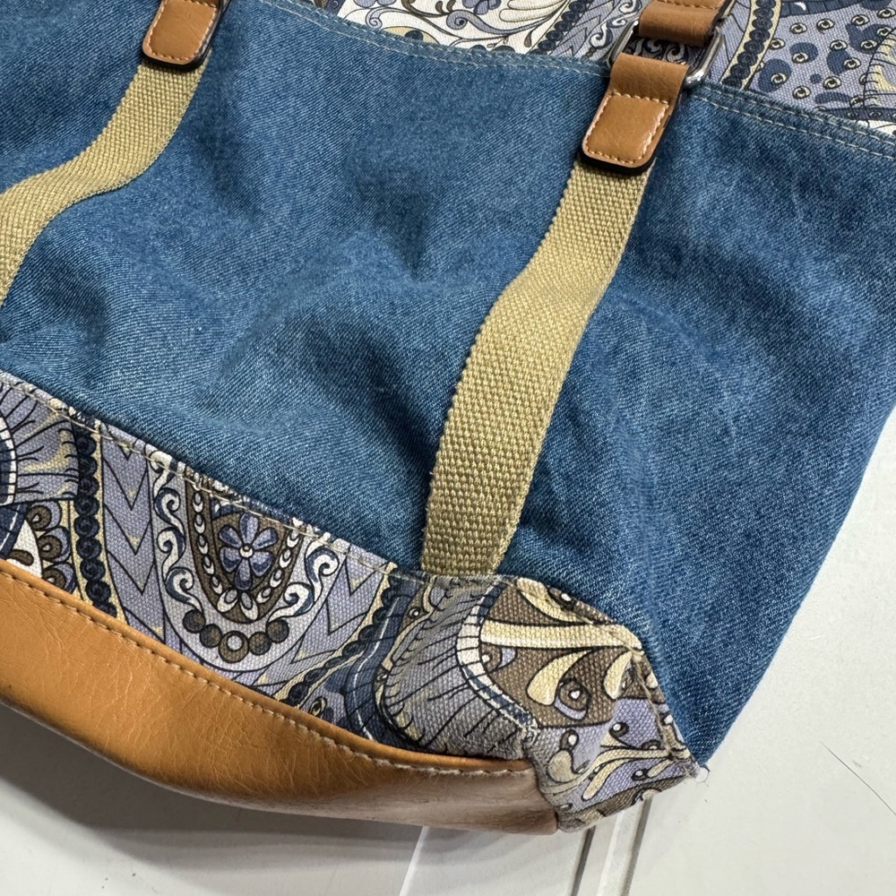 Denim Purse Satchel Shoulder Bag Paisley Print Blue Faux Leather Cotton - Picture 2 of 7